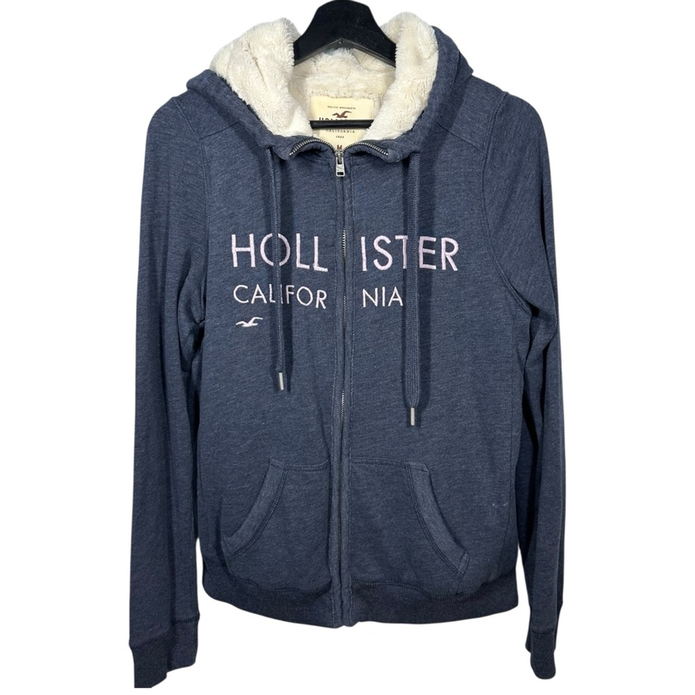 VTG Y2K Hollister Hoodie Womens M Sherpa Lined Jacket Spell Out Logo Preppy Surf